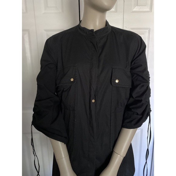 TORY BURCH BLACK COTTON MOCK COLLAR 3/4 SLEEVE BLOUSE SIZE 4-POCKETS - Picture 6 of 13